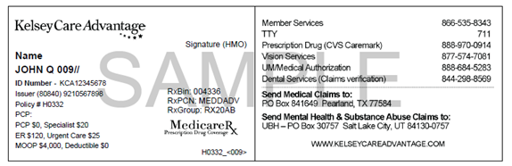Sample image of KelseyCare Advantage member ID card