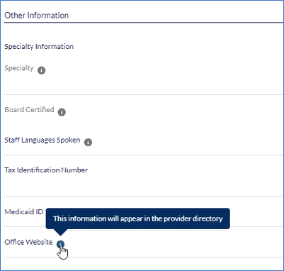 Screen shot of provider portal that identifies area to enter practice website address