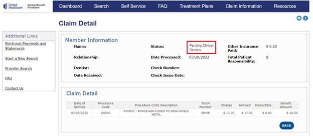 Portal screenshot demonstrating a clinical review is pending.