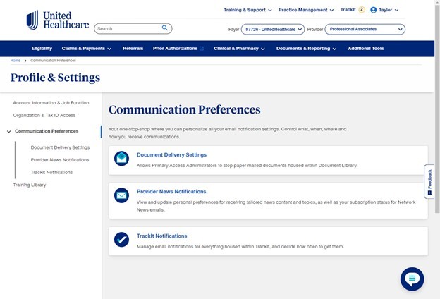 Screen capture image of Communication Preferences in Profile & Settings