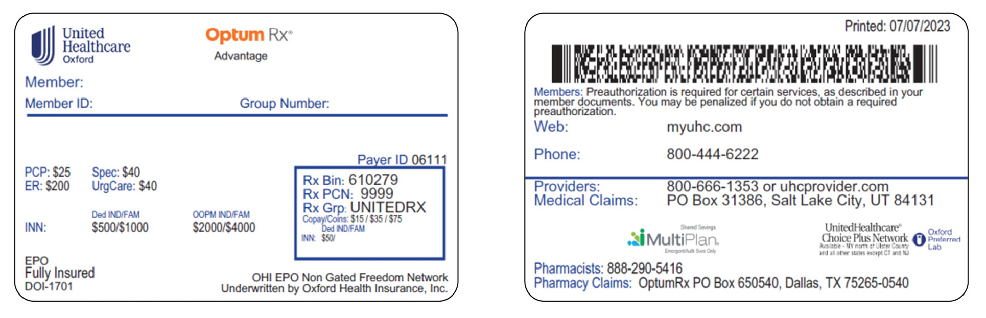 Image of front and back of a UnitedHealthcare Choice Plus Network card