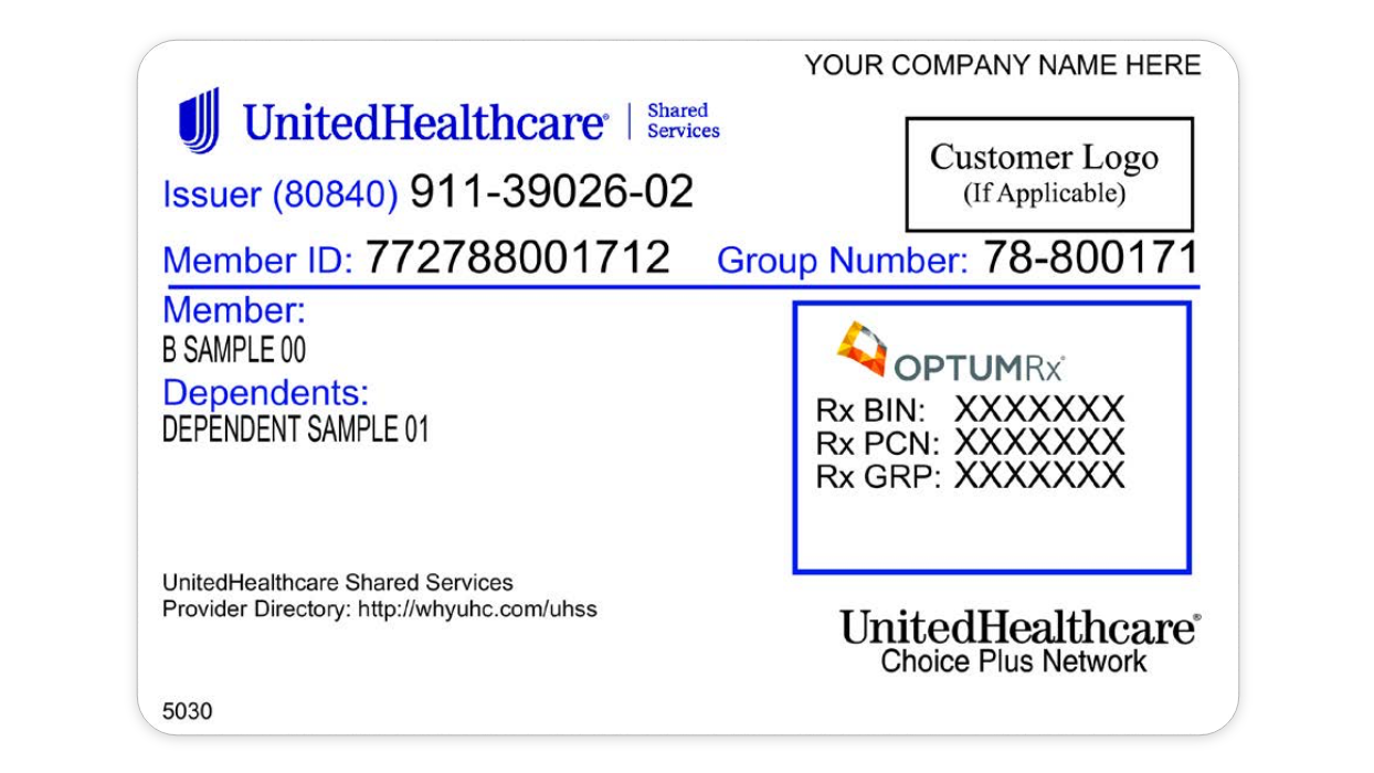 Image of the front of a UnitedHealthcare Shared Services member card