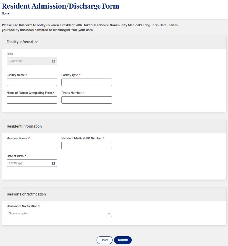 A screen capture of Florida resident admission and discharge form