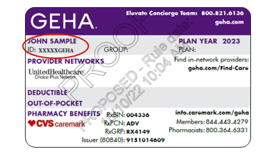 Front side of a sample GEHA member ID card