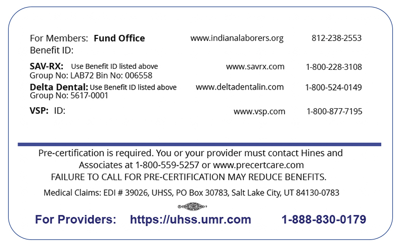Sample back of member ID card image for Indiana Laborers Welfare Fund.