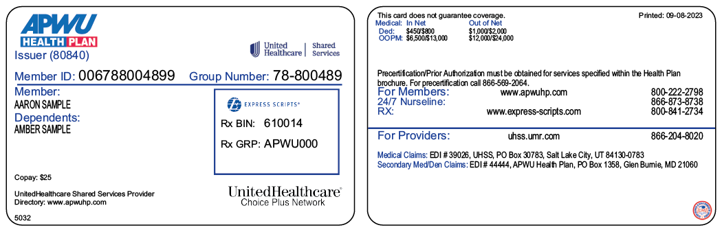 Sample member ID card American Postal Workers Union Health Plan High Option front and back view