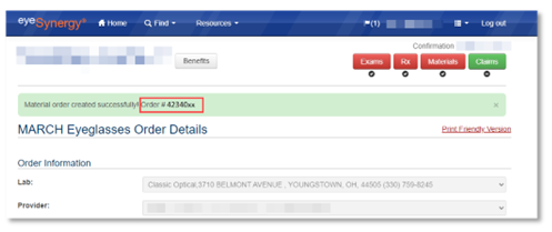 A screen capture of an order for eyeglasses.
