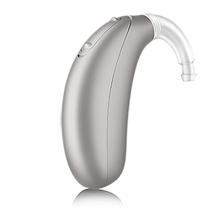 Image of platinum colored Relate3.0 Silver BTE R hearing aid.